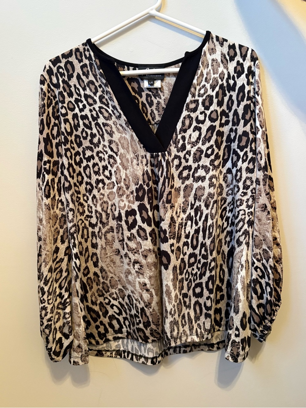 Artex Fashions Long-Sleeve Leopard Print V-Neck Blouse
